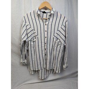 Topshop Women's White Linen Blend Blue Stripe Button Up Shirt Blouse Sz S